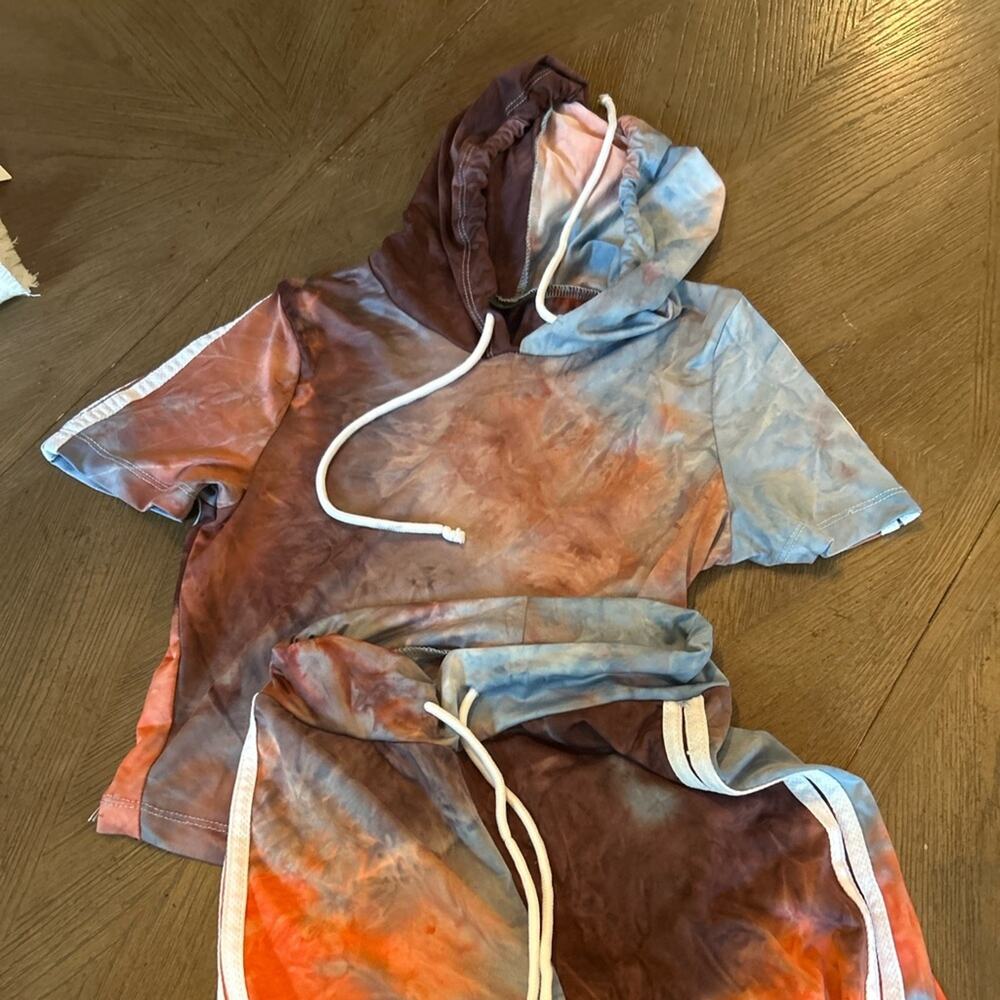 ARIA Womens Tie Dye Crop Hoodie Pants Set Size S Blue Orange Loungewear Y2K